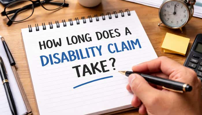 How Long Does a Disability Claim Take - My Legal Opinion - My Legal Opinion A notebook with the question "How Long Does a Disability Claim Take?" written on it, symbolizing the timeline and complexities of long-term disability claims.