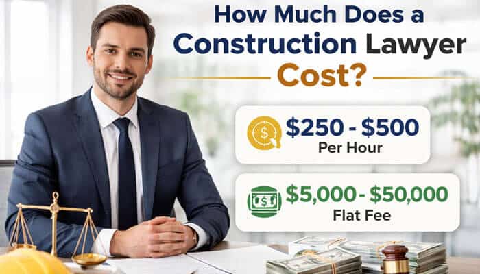 How Much Does a Construction Lawyer Cost - My Legal Opinion - My Legal Opinion Construction lawyer at a desk with pricing details, including hourly rates and flat fees.
