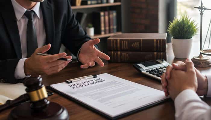 How Much Does a Prenuptial Agreement Lawyer Cost - My Legal Opinion - My Legal Opinion Lawyer explaining prenuptial agreement terms with documents and a gavel, emphasizing legal guidance for couples.