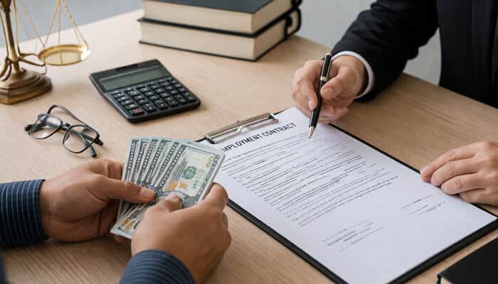 How Much Does an Employment Contract Lawyer Cost - My Legal Opinion - My Legal Opinion Employment contract lawyer reviewing a signed contract with a client, with focus on salary and compensation terms, highlighting the importance of legal advice.