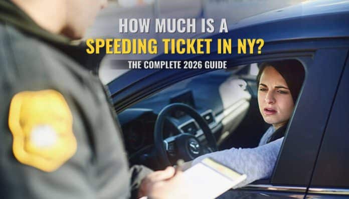 Driver stopped by police handing speeding ticket while text over image reads ‘How Much Is a Speeding Ticket in NY The Complete 2026 Guide’, illustrating New York speeding fines and penalties.