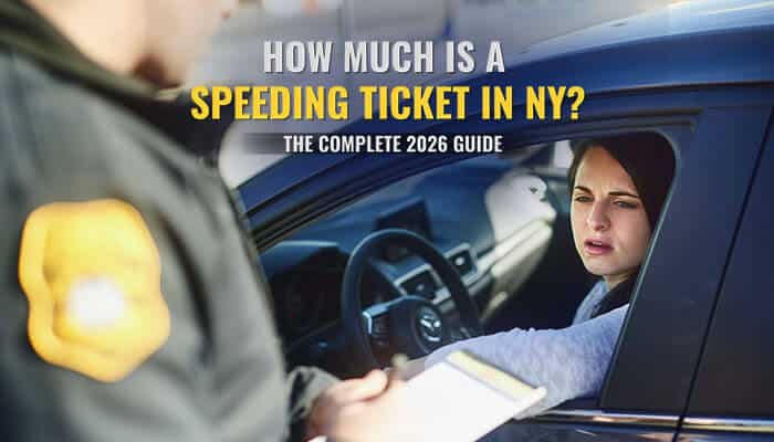 Driver stopped by police handing speeding ticket while text over image reads ‘How Much Is a Speeding Ticket in NY The Complete 2026 Guide’, illustrating New York speeding fines and penalties.