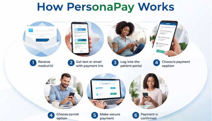 How PersonaPay Works - My Legal Opinion - My Legal Opinion Is PersonaPay Legit step‑by‑step workflow showing how PersonaPay works from medical bill receipt to secure payment confirmation, illustrating ease, payment process trust and verified transaction legitimacy.