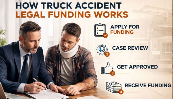How Truck Accident Legal Funding Works - My Legal Opiniong - My Legal Opinion A professional assisting an injured person with truck accident legal funding paperwork.