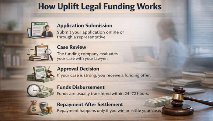 How Uplift Legal Funding Works - My Legal Opinion - My Legal Opinion How Uplift Legal Funding works infographic showing application, case review, approval, fund disbursement, and repayment after settlement