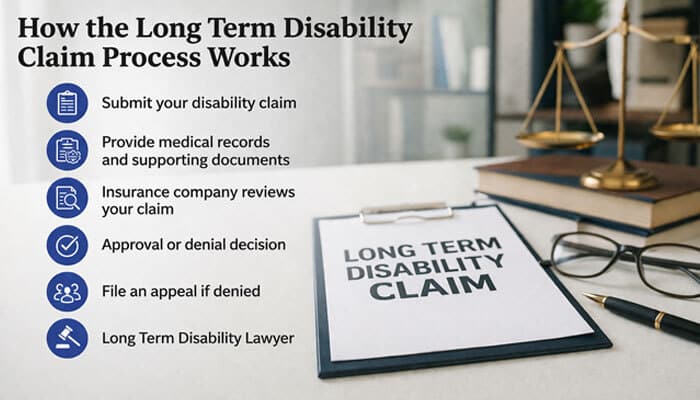 How the Long Term Disability Claim Process Works - My Legal Opinion - My Legal Opinion A detailed infographic illustrating the steps of the long term disability claim process, highlighting the role of a long term disability lawyer in each step.