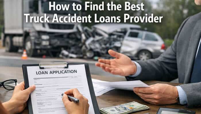 How to Find the Best Truck Accident Loans Provider - My Legal Opinion - My Legal Opinion Filling out a truck accident loan application with cash and a truck accident in the background.