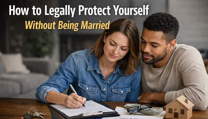 How to Legally Protect Yourself Without Being Married - My Legal Opinion - My Legal Opinion Common Law Marriage in Indiana: Legal protections for couples living together without marriage. This image depicts a couple reviewing important documents, highlighting how to legally protect yourself without being married, especially in the context of common law marriage laws in Indiana.