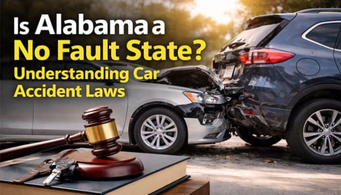Is Alabama a No Fault State legal concept illustrated with a rear‑end car accident, judge’s gavel, law book and vehicles, explaining Alabama’s fault‑based car accident liability system under state traffic laws.