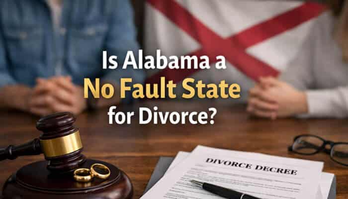 Is Alabama a No Fault State for Divorce? - My Legal Opinion - My Legal Opinion Is Alabama a No Fault State for divorce displayed with divorce papers, wedding rings, gavel and Alabama flag, illustrating no‑fault vs fault divorce law.