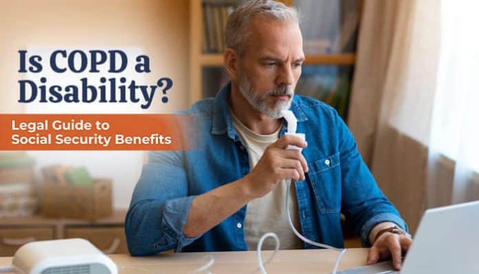 Is COPD a Disability image showing a man using a nebulizer while reading a legal guide on a laptop, highlighting the connection between COPD treatment and qualifying for Social Security benefits.