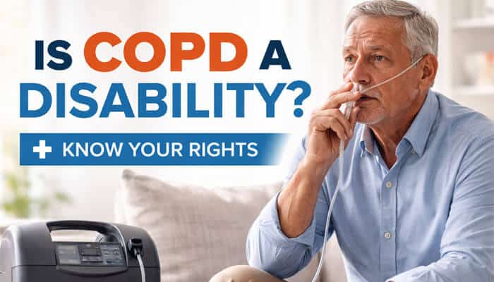 Is COPD a Disability - My Legal Opinion - My Legal Opinion Is COPD a Disability banner showing an older man using oxygen therapy and highlighting legal rights and qualification criteria for COPD disability benefits