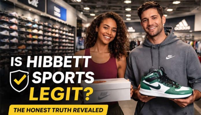 Is Hibbett Sports Legit? Smiling shoppers hold Nike sneakers and box inside a Hibbett Sports store, illustrating trust and authenticity of Hibbett Sports legitimacy for customers.