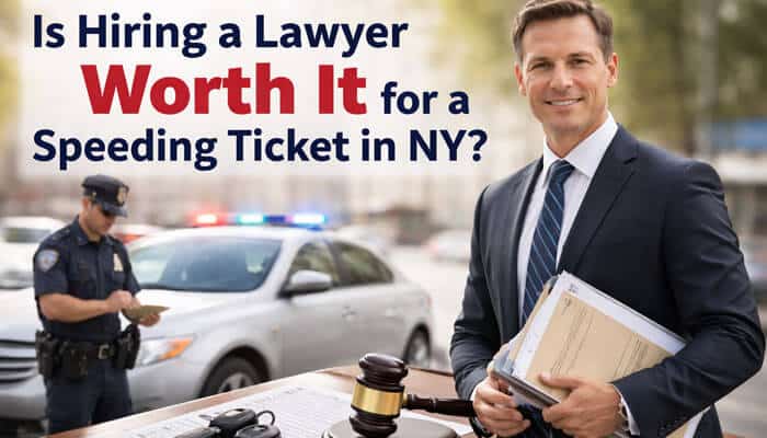 Is Hiring a Lawyer Worth It for a Speeding Ticket in NY - My Legal Opinion - My Legal Opinion Attorney consulting on speeding ticket case with police car in background, illustrating ‘Is Hiring a Lawyer Worth It for a Speeding Ticket in NY?’ and representing how much is a speeding ticket in NY, legal options, and potential cost savings.