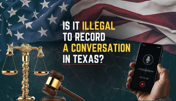 Illustration showing a gavel and scales of justice beside a smartphone recording audio under an American flag background with the text ‘Is It Illegal to Record a Conversation in Texas’, highlighting legal rights and consent law in Texas.
