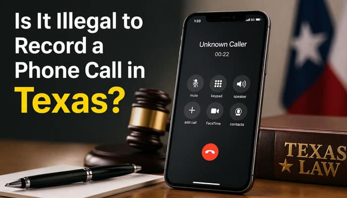 Is It Illegal to Record a Phone Call in Texas - My Legal Opinion - My Legal Opinion Smartphone showing an active phone call and a Texas law book beside a judge’s gavel with the text Is It Illegal to Record a Conversation in Texas, depicting legal considerations for recording phone calls and consent requirements under Texas law.