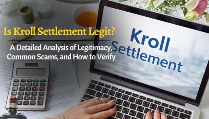 Is Kroll Settlement Legit analysis on laptop screen with calculator and documents, highlighting legitimacy verification, common settlement scams, and expert tips to confirm authentic Kroll Settlement notices in class action administration