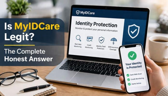 Is MyIDCare legit: laptop and smartphone showing MyIDCare identity protection dashboard with dark web monitoring, credit monitoring and identity theft alerts — reassuring graphic for identity protection service legitimacy research.