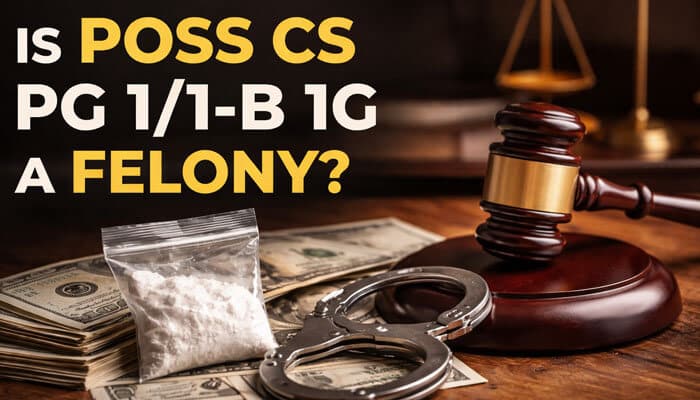 Is POSS CS PG 1 1-B 1G a Felony - My Legal Opinion - My Legal Opinion Image explaining whether Possession of Controlled Substance (POSS CS) PG 1/1-B 1G is classified as a felony in Texas, with a close-up of the drugs, handcuffs, and gavel representing the legal consequences and court process involved in such a charge.