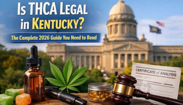 Is THCA Legal in Kentucky featured image showing a 2026 legal guide with Kentucky State Capitol in the background, hemp-derived THCA products including tincture, gummies, vape, certificate of analysis, and legal gavel symbolizing cannabis regulation and compliance laws in Kentucky.