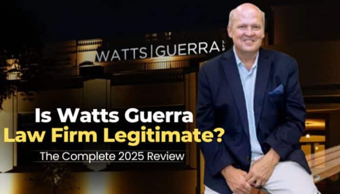Image featuring the Watts Guerra law firm with a professional attorney sitting outside their office building, asking the question 'Is Watts Guerra Law Firm Legitimate?' This image reflects the firm's credibility and reputation, explored in the Complete 2025 Review.