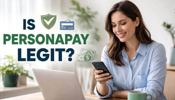 Is PersonaPay Legit review concept showing a woman using a phone and laptop with money icons, highlighting trustworthiness and secure payments for PersonaPay legitimacy analysis