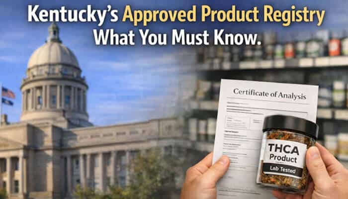 Kentuckys Approved Product Registry What You Must Know - My Legal Opinion - My Legal Opinion Is THCA Legal in Kentucky visual guide showing Kentucky State Capitol in the background with a hand holding a THCA product jar and Certificate of Analysis, representing the Kentucky Approved Product Registry rules, compliance requirements, and 2026 hemp regulation framework under state cannabis laws.