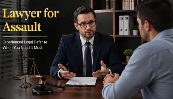 Lawyer for Assault consulting with a client in a law office about criminal defense strategy