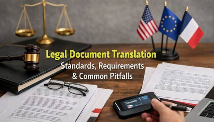 Legal Document Translation standards and requirements shown with legal tools, contracts, and international flags representing cross-border legal compliance