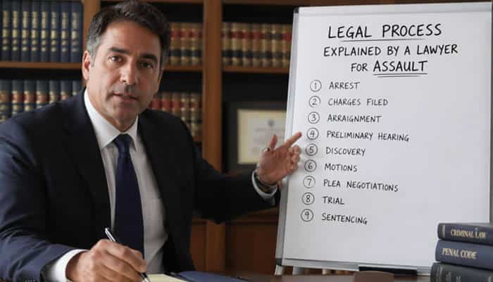 Legal Process Explained by a Lawyer for Assault - My Legal Opinion - My Legal Opinion Lawyer for assault explaining legal process steps on whiteboard including arrest charges trial and sentencing