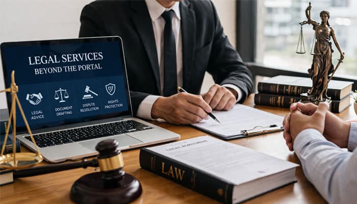 Legal Services Beyond the Portal - My Legal Opinion - My Legal Opinion Turnbull Law Group Log In interface displayed on a laptop, showing legal services such as legal advice, document drafting, dispute resolution, and rights protection. A professional legal consultation with clients.