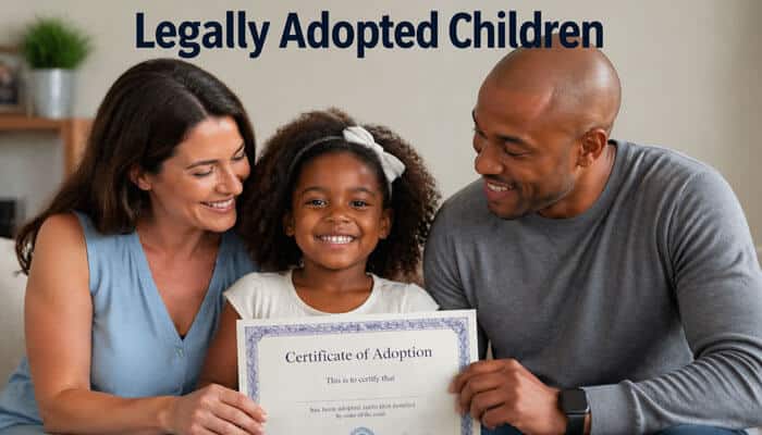 Legally Adopted Children - My Legal OPinion - My Legal Opinion Legally adopted child holding adoption certificate with adoptive parents, illustrating inheritance rights. What Is a Child Entitled to When a Parent Dies Without a Will? Legally adopted children have the same inheritance rights as biological children, according to state intestacy laws.