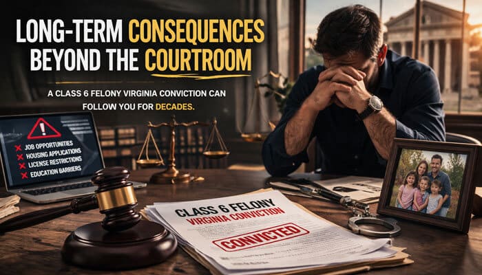 Long-Term Consequences Beyond the Courtroom - My Legal Opinion - My Legal Opinion Class 6 Felony Virginia conviction with long-term consequences affecting job opportunities, education, and housing restrictions. Depiction of a man distressed by the legal and social aftermath of a felony charge.