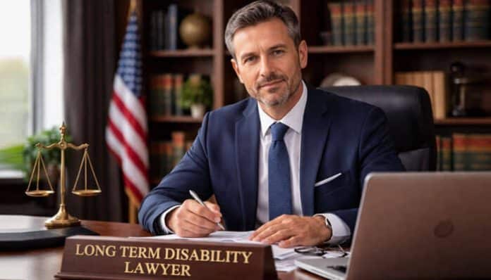 A professional long term disability lawyer at work in their office, providing legal advice and support to clients. Focused on securing benefits for those with long-term disabilities.