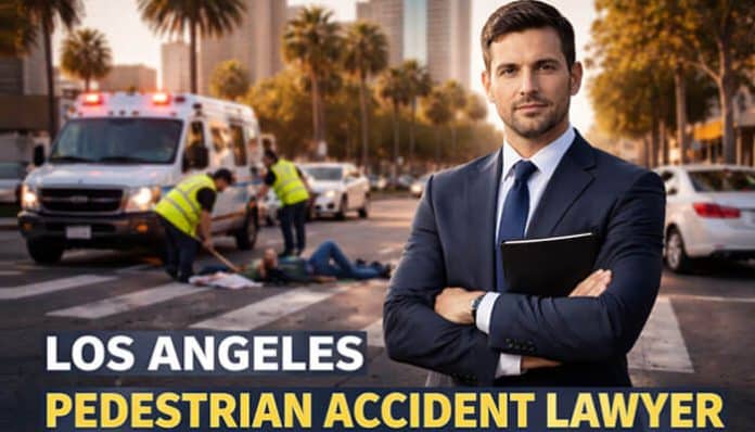 Professional Los Angeles Pedestrian Accident Lawyer standing in front of an emergency scene with an ambulance and injured pedestrians. The lawyer offers legal services for victims of pedestrian accidents in Los Angeles.