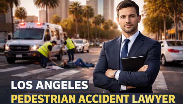 Professional Los Angeles Pedestrian Accident Lawyer standing in front of an emergency scene with an ambulance and injured pedestrians. The lawyer offers legal services for victims of pedestrian accidents in Los Angeles.