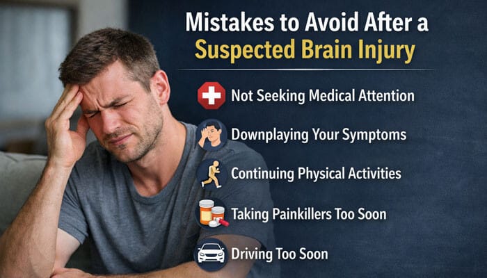 Mistakes to Avoid After a Suspected Brain Injury - My Legal Opinion - My Legal Opinion Brain injury victim holding his head in pain, listing mistakes to avoid after a suspected brain injury, including not seeking medical attention and continuing physical activities.