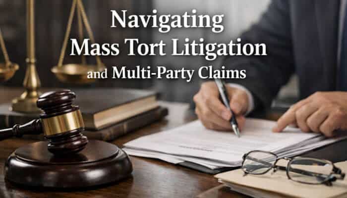 Navigating Mass Tort Litigation and Multi-Party Claims - My Legal Opinion - My Legal Opinion Talcum Powder Cancer Lawsuits mass tort litigation and multi party claims concept with legal documents, gavel, and attorney signing papers