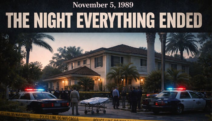 November 5 1989 The Night Everything Ended - My Legal OPinion - My Legal Opinion What Happened to Dan Broderick Law Firm – police crime scene at large house on November 5, 1989 with patrol cars, officers, and body covered on stretcher tied to the Dan Broderick murder case and its impact on the law firm’s history.