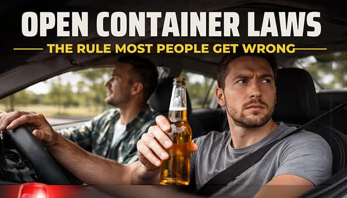 Open Container Laws - The Rule Most People Get Wrong - My Legal Opinion - My Legal Opinion Image showing a man holding an open bottle of beer inside a car, highlighting the misconception about open container laws under Texas Liquor Laws. Many people mistakenly believe that only the driver can be penalized for an open container in a vehicle, but Texas law applies to everyone inside the car, regardless of who is drinking. This image emphasizes the importance of understanding the state's open container rules to avoid legal consequences.