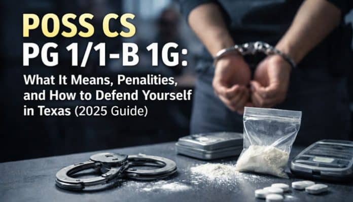 Detailed image explaining the legal implications of Possession of Controlled Substance (POSS CS) PG 1/1-B 1G in Texas, including penalties and defense strategies. The photo shows the arrest scenario with handcuffs, drugs, and police evidence, relating to this state jail felony charge.