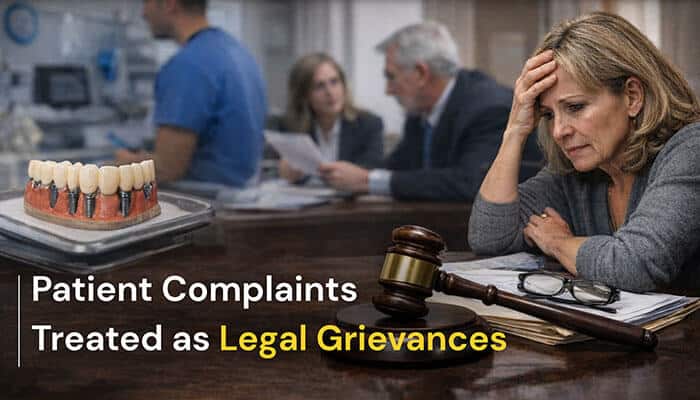 Patient Complaints Treated as Legal Grievances - My Legal Opinion - My Legal Opinion What Is the Nuvia Implant Lawsuit – stressed patient and legal team reviewing grievances over dental implant issues with model teeth and gavel representing litigation and patient complaints.