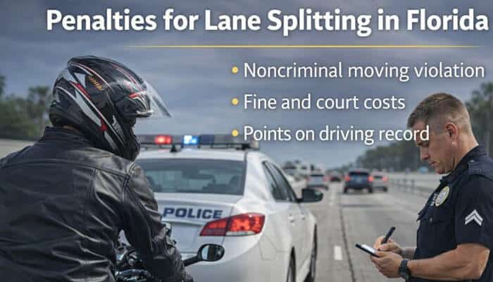 Penalties for Lane Splitting in Florida - My Legal Opinion - My Legal Opinion Florida traffic stop showing a police officer issuing a lane splitting ticket to a motorcyclist, highlighting penalties and fines. Is Lane Splitting Legal in Florida?