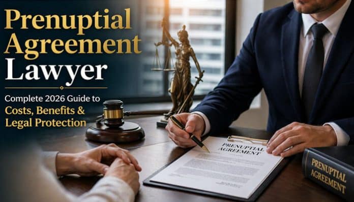 Lawyer signs a prenuptial agreement at a desk, with scales of justice and a gavel nearby.
