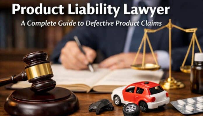 Product Liability Lawyer reviewing legal documents with a gavel and toy car, symbolizing the importance of legal representation in defective product claims.