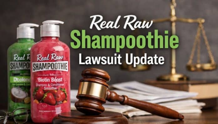 Real Raw Shampoothie Lawsuit Update graphic showing shampoo bottles next to legal symbols, highlighting consumer complaints, courtroom imagery, and product safety controversy for SEO