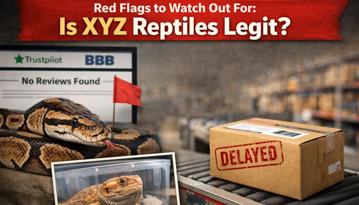 Red Flags to Watch Out For Is XYZ Reptiles Legit - My Legal Opinion - My Legal Opinion Red flags to consider when asking 'Is XYZ Reptiles Legit?' This image highlights potential concerns such as the absence of reviews on Trustpilot and BBB, delays in shipping, and other signs of a questionable reputation. A bearded dragon and a delayed package emphasize the importance of customer feedback and timely service in determining the legitimacy of XYZ Reptiles.