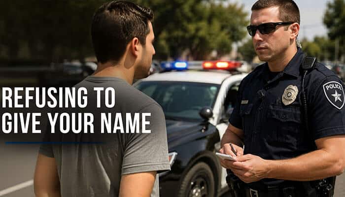 Refusing to Give Your Name - My Legal Opinion - My Legal Opinion Police officer talking to a civilian by a patrol car during a stop, illustrating questions about citizen rights and identification requirements, emphasizing the legal topic ‘Is Colorado a Stop and ID State’ to reflect Colorado’s stop and identify laws under state v. Patrol interactions.