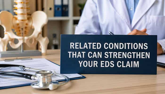 Related Conditions That Can Strengthen Your EDS Claim - My Legal Opinion - My Legal Opinion Is EDS a Disability? medical consultation showing related conditions like POTS, fibromyalgia, and chronic fatigue syndrome that strengthen Ehlers-Danlos disability claims with clinical evidence