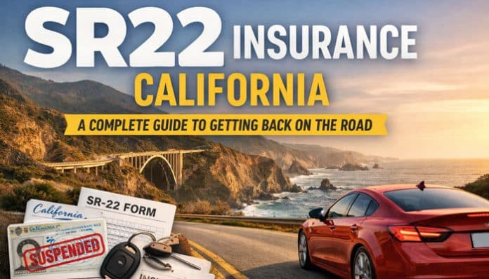 SR22 insurance California guide image depicting a coastal road with a red car, SR22 form, and keys. This image represents the steps to take after license suspension and understanding the SR22 filing process for high-risk drivers in California.